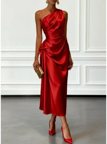 One Shoulder Satin Midi Dress With Ruched Waist Sleeveless