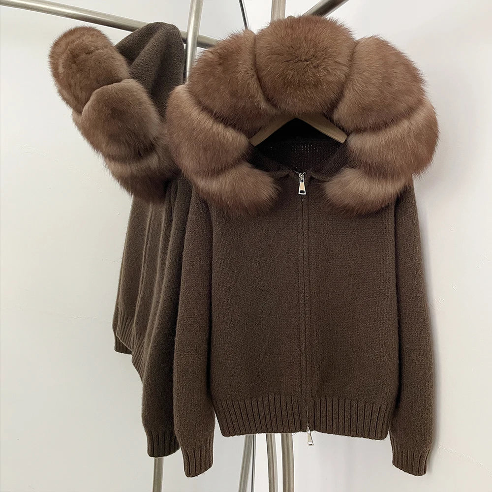 Autumn Winter Casual Hooded Real Fox Fur Collar Short Knitted Jacket
