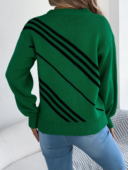 Twill Texture Color Block Round Neck Long Sleeve Cabin Core Knit Pullover