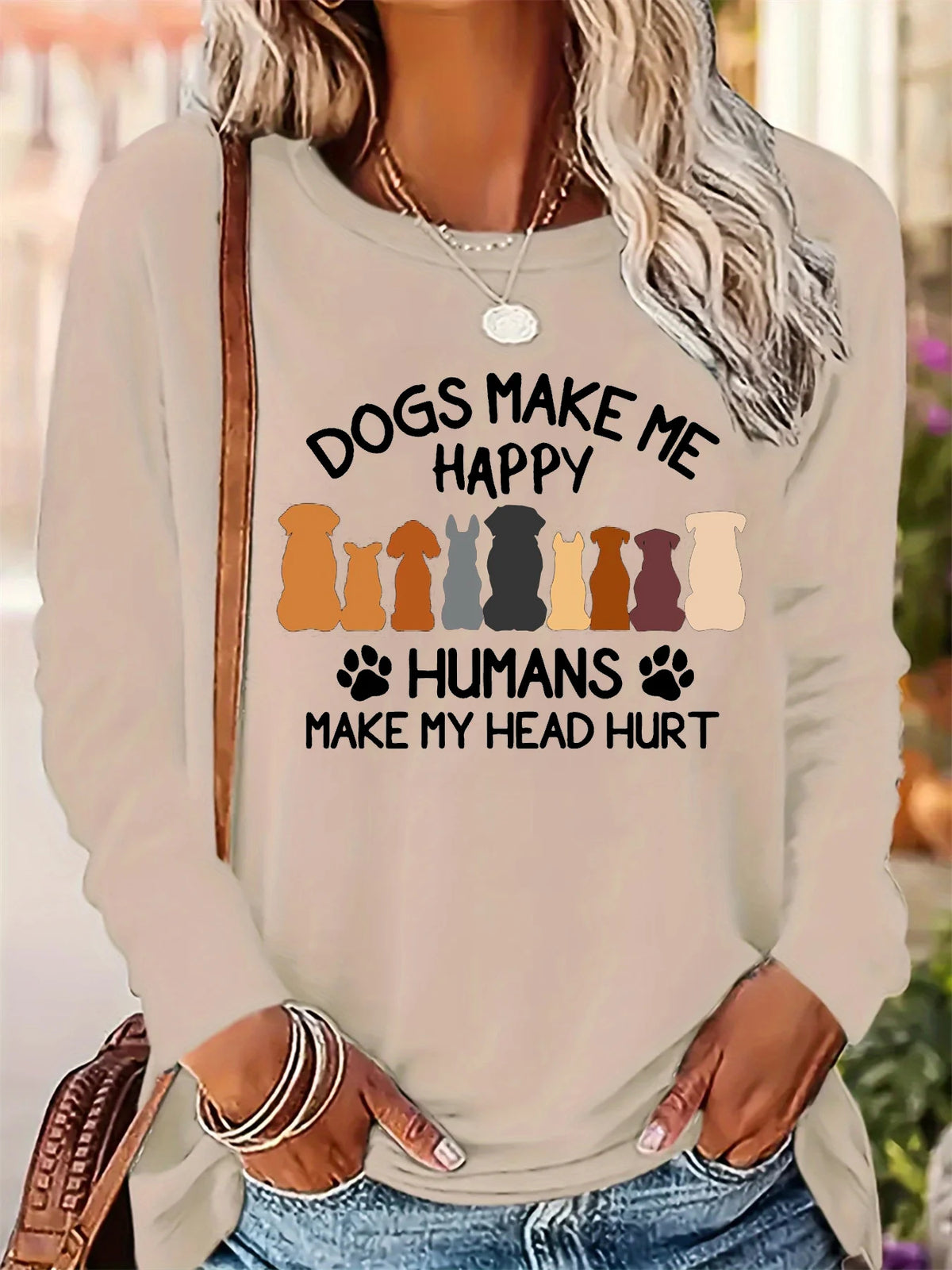 100% Pure Cotton Loose Letter Dog Print Round Neck Long Sleeved T-Shirt