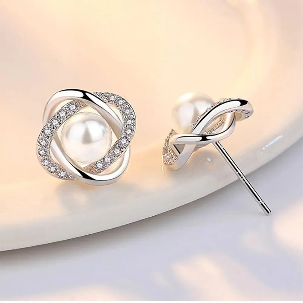 925 Silver Zircon Pearl Twist Stud Earrings