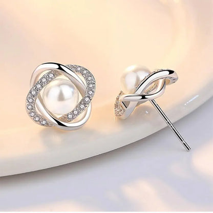925 Silver Zircon Pearl Twist Stud Earrings