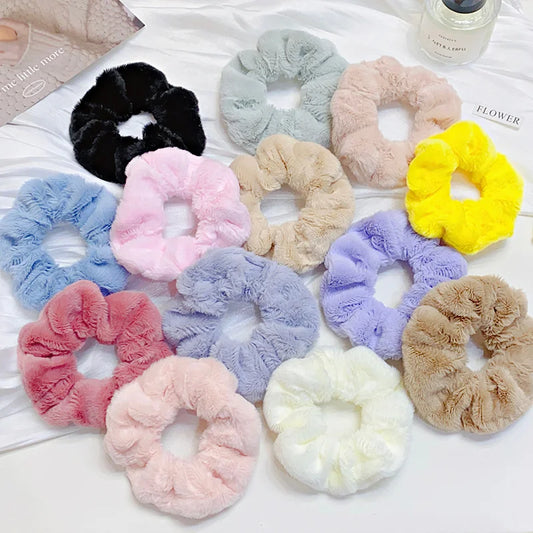 Solid Soft Plush Wide Hair Band Ponytail Holder Hair Tie Fluffy Rubber Band