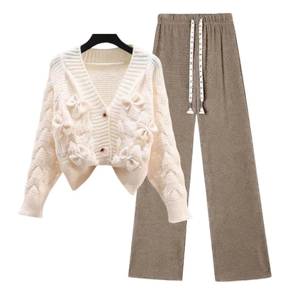 Korean Sweet Bow Outfit Long Sleeve Cardigan Knitwear Wide Leg Pants Set