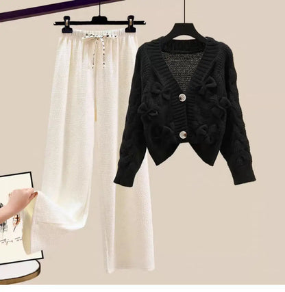 Korean Sweet Bow Outfit Long Sleeve Cardigan Knitwear Wide Leg Pants Set
