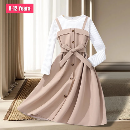 Autumn Winter Belt Button Khaki Soft Sweet Warm Vintage Dress