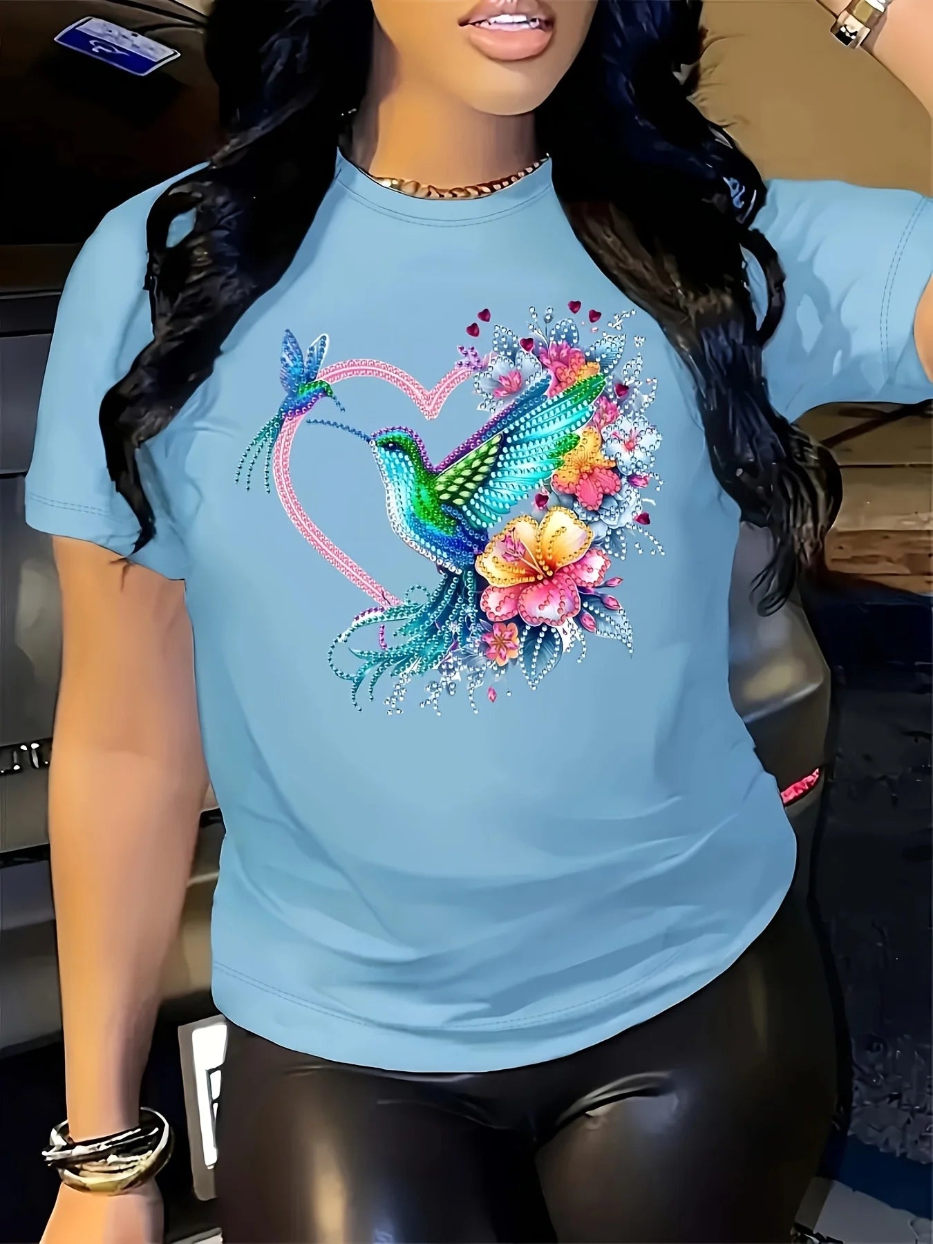 Floral Hummingbird Heart Boho Graphic T-Shirt