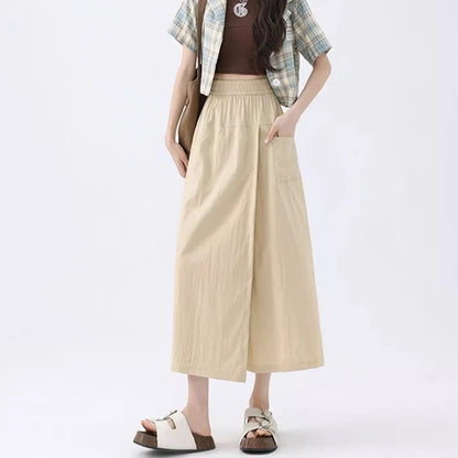Loose Fit Thin Pants High Waist Slit Korean Midi Cargo skirt