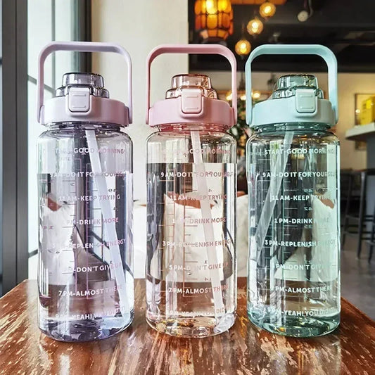 2L Water Bottle Portable Straw Plastic Water with Time Marker