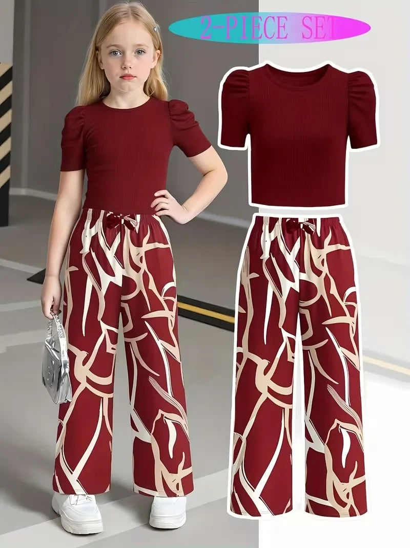 Green Puff Sleeve Ribbed Abstract Print Wide Leg Pants Set