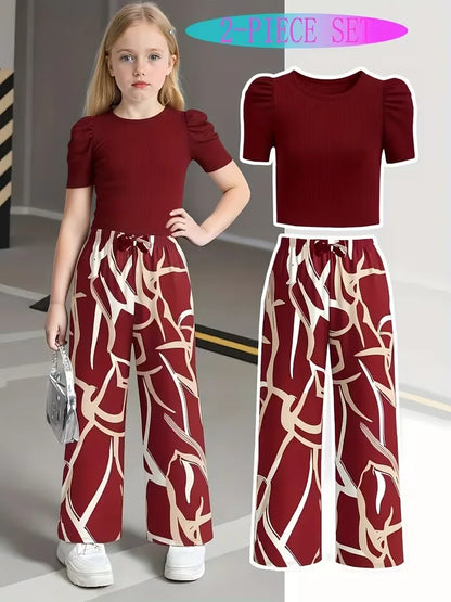 Green Puff Sleeve Ribbed Abstract Print Wide Leg Pants Set