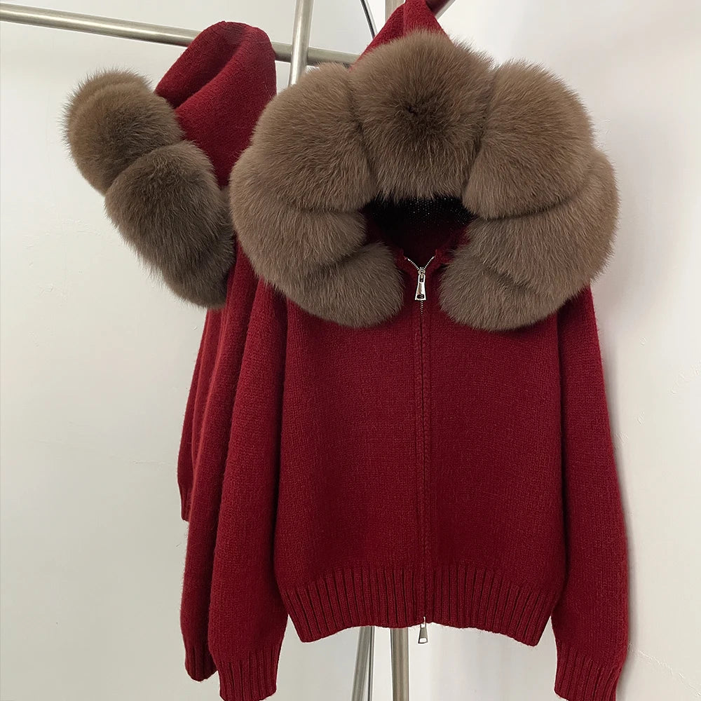 Autumn Winter Casual Hooded Real Fox Fur Collar Short Knitted Jacket