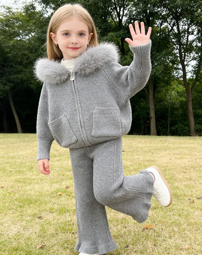 Autumn and Winter Wool Collar Hooded Sweater Pants Set