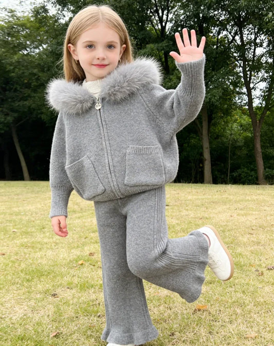 Autumn and Winter Wool Collar Hooded Sweater Pants Set