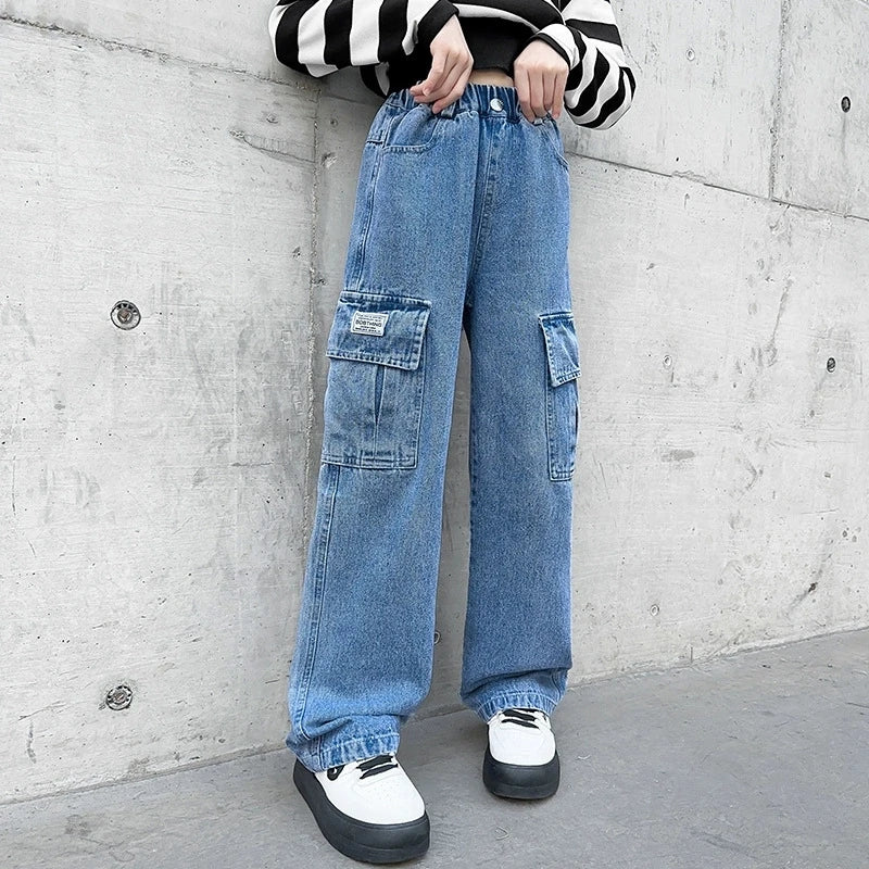 3-12 Years Girls Denim Pants Teenager Wide Leg Pants