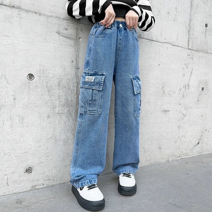 3-12 Years Girls Denim Pants Teenager Wide Leg Pants