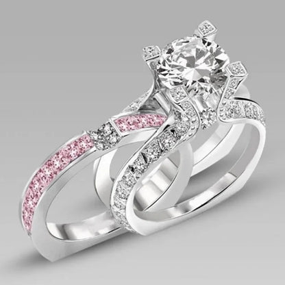 14K White Gold Vintage Lovers Grown Pink Diamond Ring Set