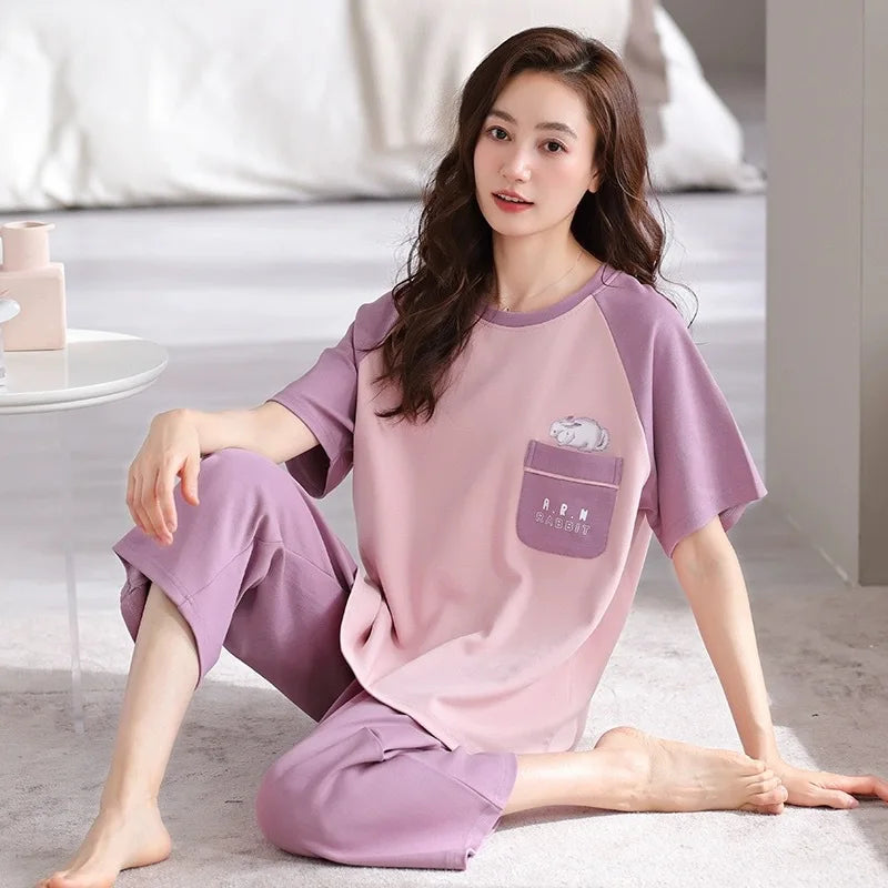 Seven Trousers Short-Sleeved Large Size Pajamas Set