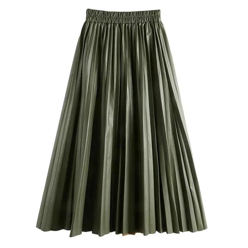 Leather Pleated High Waist long Skirt
