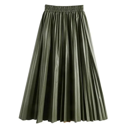 Leather Pleated High Waist long Skirt