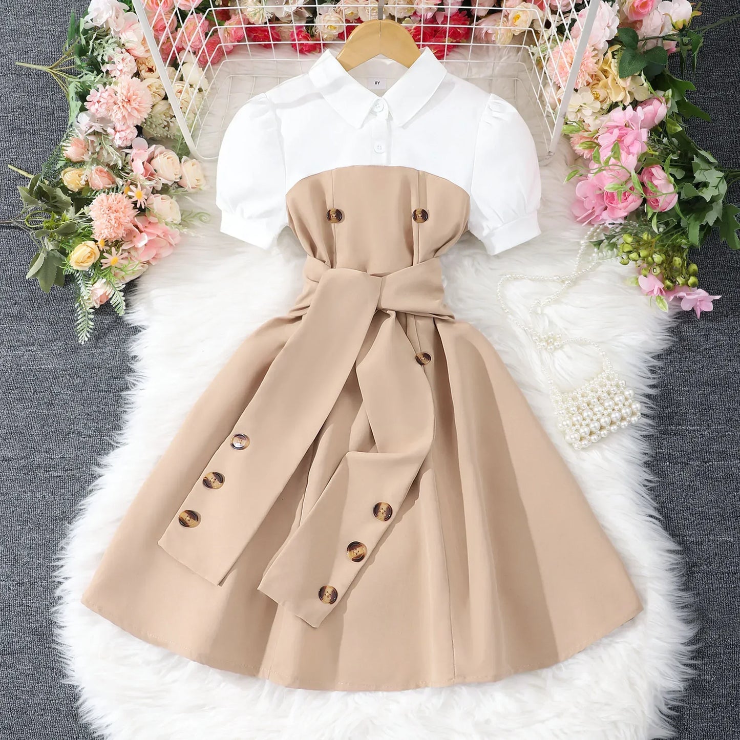 Khaki Casual Vacation Elegant Retro British Girls Party Dress