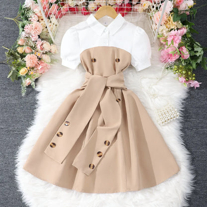 Khaki Casual Vacation Elegant Retro British Girls Party Dress