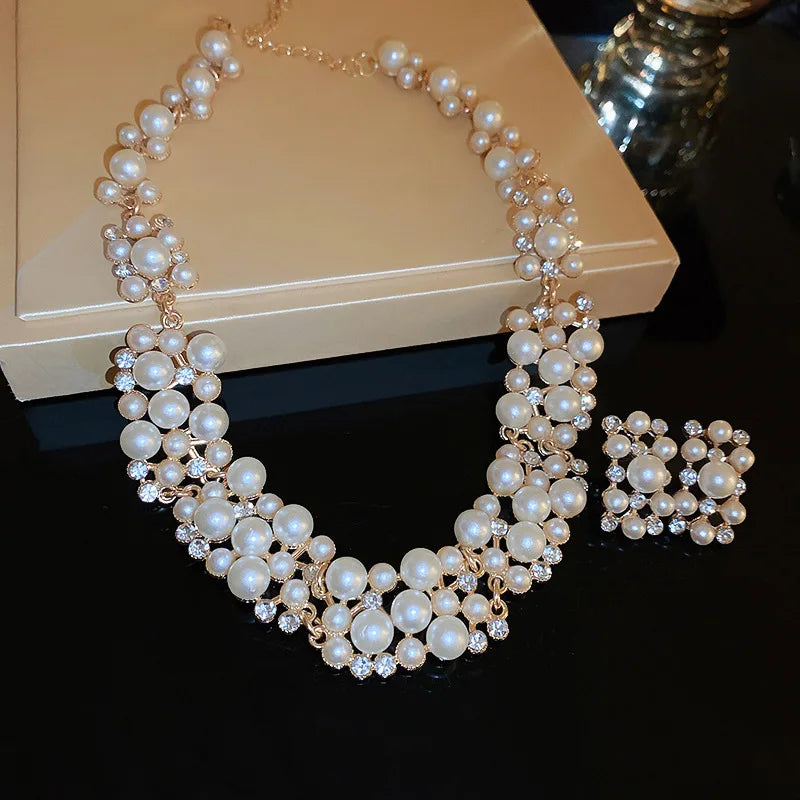 Rhinestone Pearl Rectangular Necklace Set