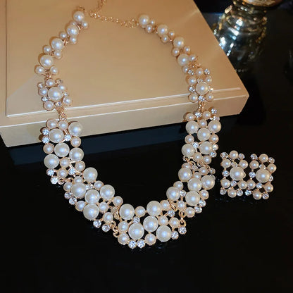 Rhinestone Pearl Rectangular Necklace Set