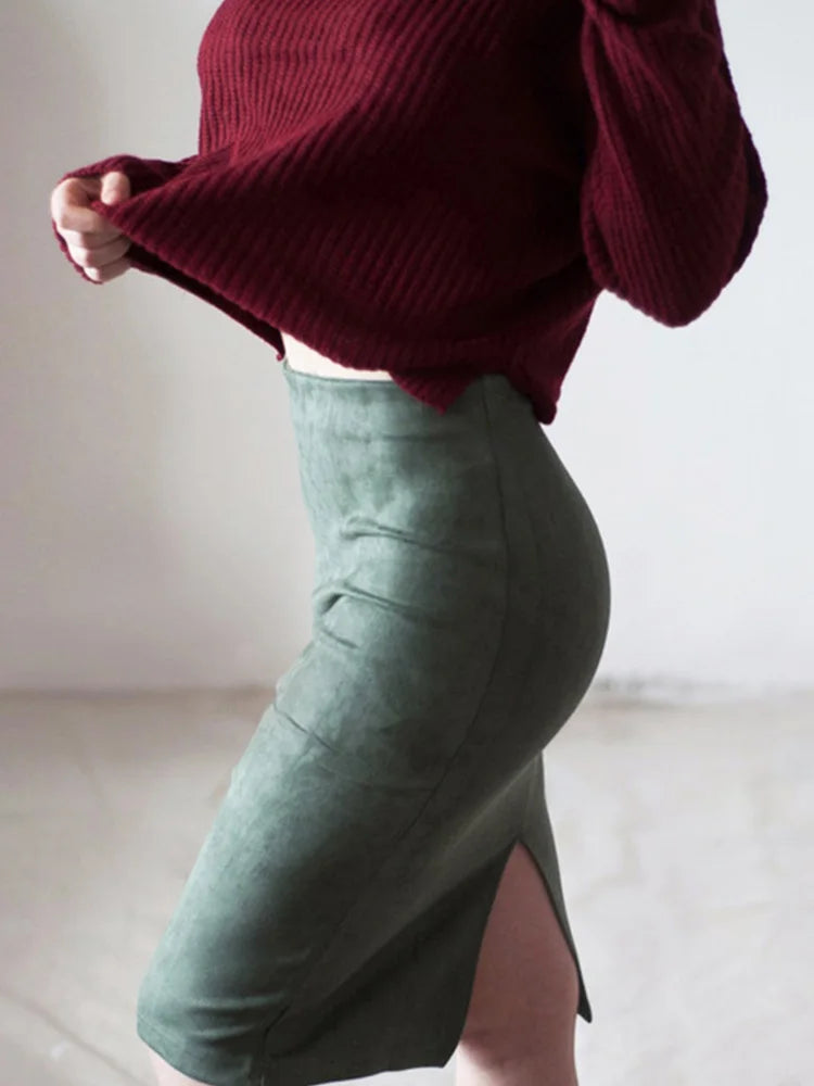 Suede Pencil High Waist Bodycon Vintage Suede Split Thick Stretchy Skirts