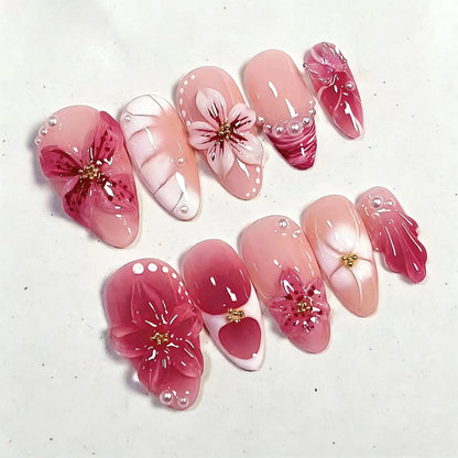 24Pcs Gilded 3D Flower Press on Nails Black French Leopard Print False Nails