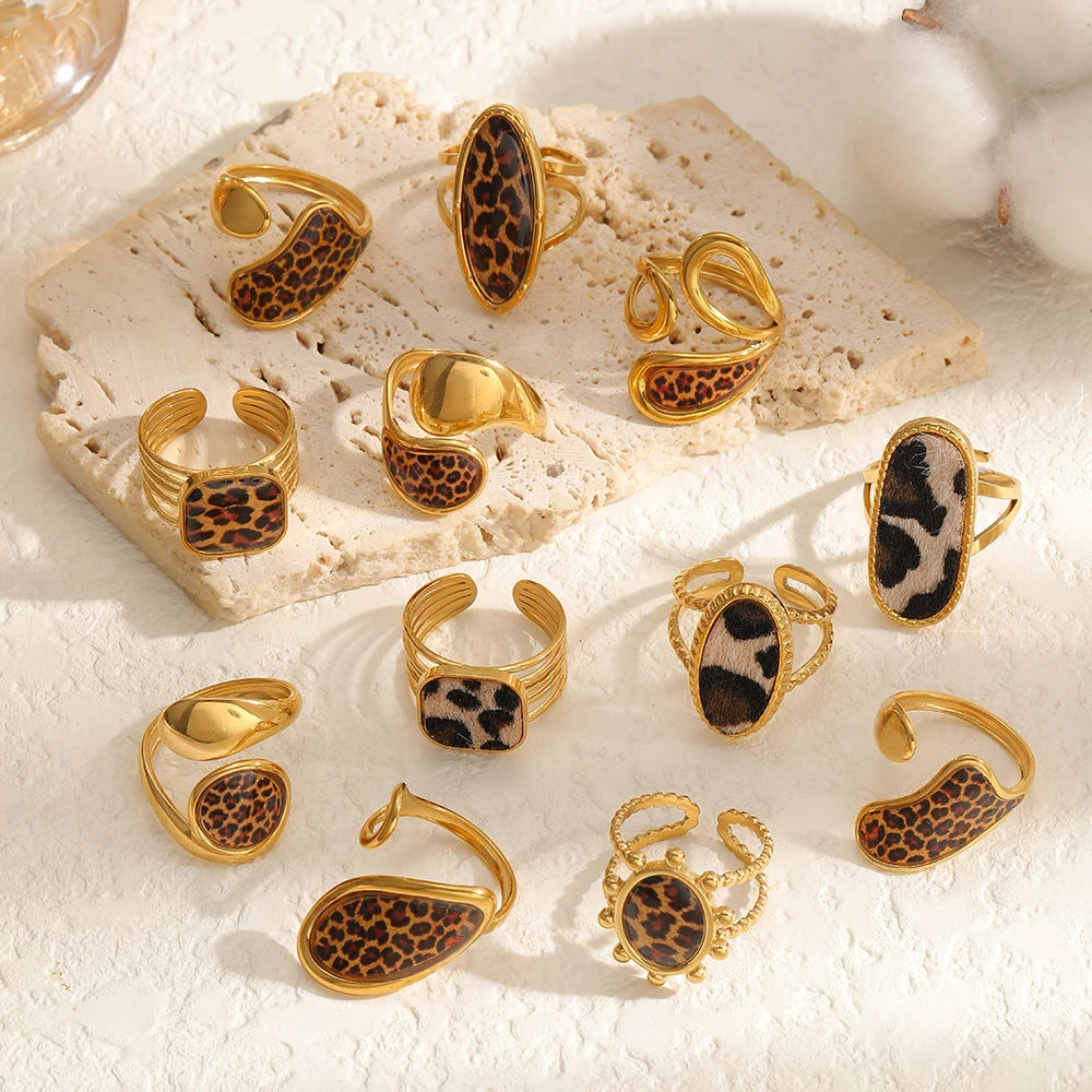 Stainless Steel Retro Geometric Leopard Pattern Adjustable 18K Gold Rings