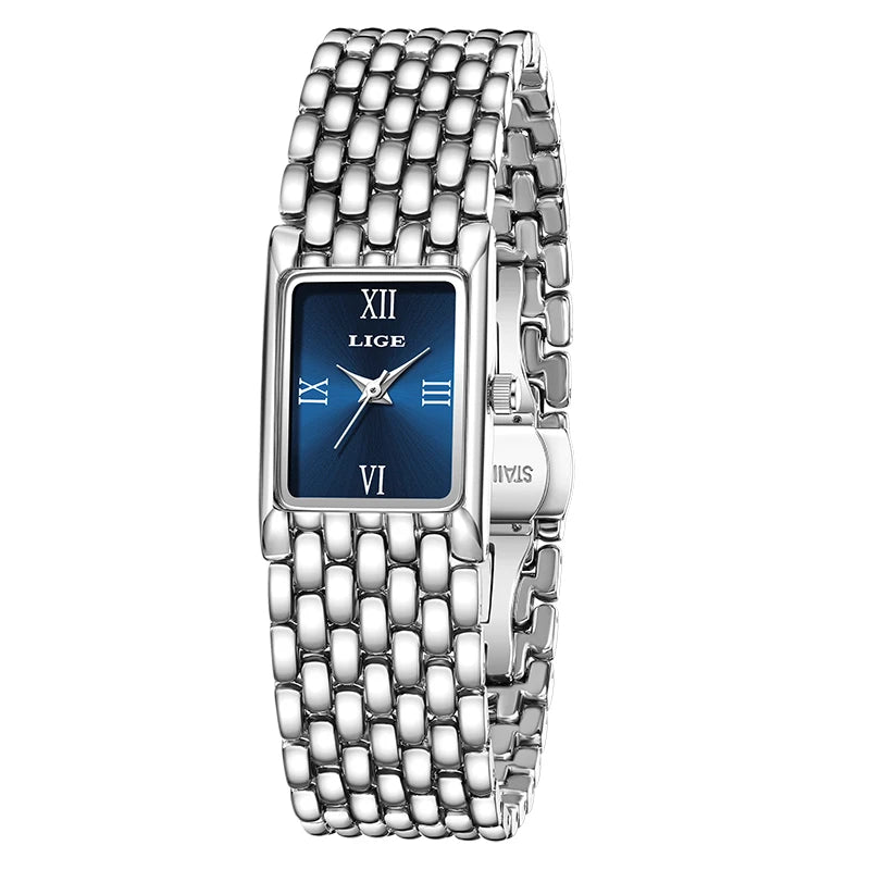 Quartz Silver Simple Square Luxury Stainless Steel Folding Wristwatch
