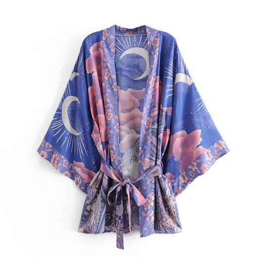 Boho Queens Vintage Star and Moon Floral Sashes Bohemian Short Robe