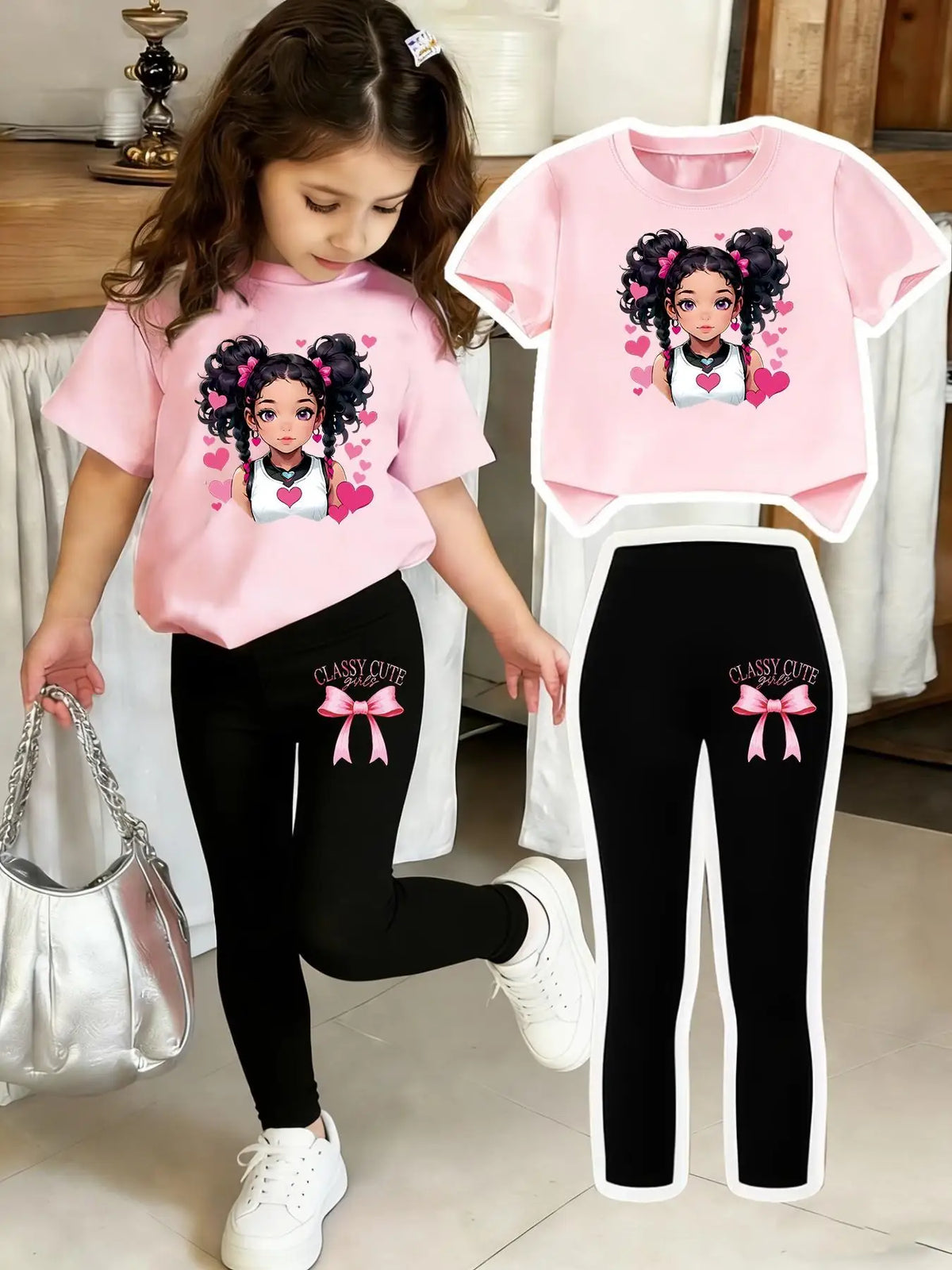 Regular Short-Sleeve With Bow Print Pants 4-12 Year Set