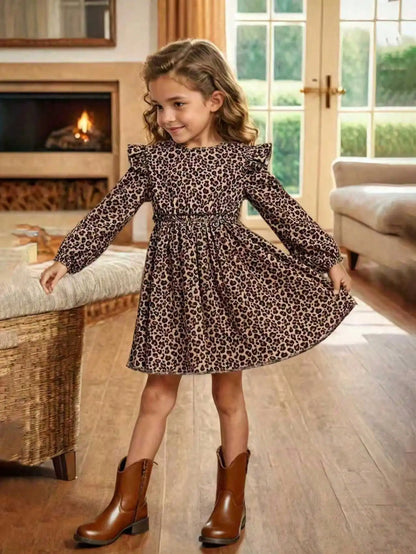 Elegant Four Season Leopard Print Long-Sleeved Ruffle Edge Dress