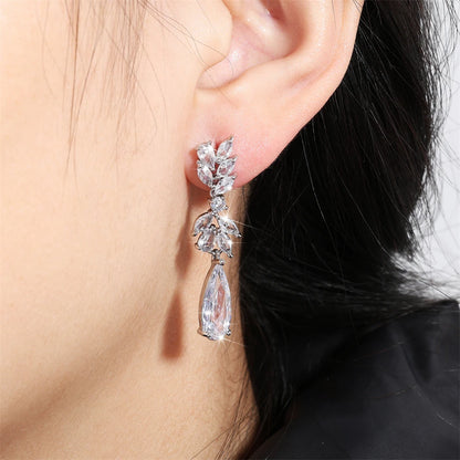 White Zircon Leaf Dangle Shinny Water Drop Crystal Earring