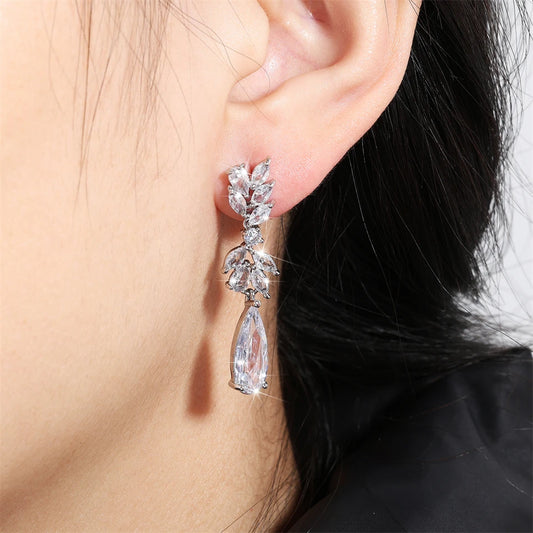 White Zircon Leaf Dangle Shinny Water Drop Crystal Earring