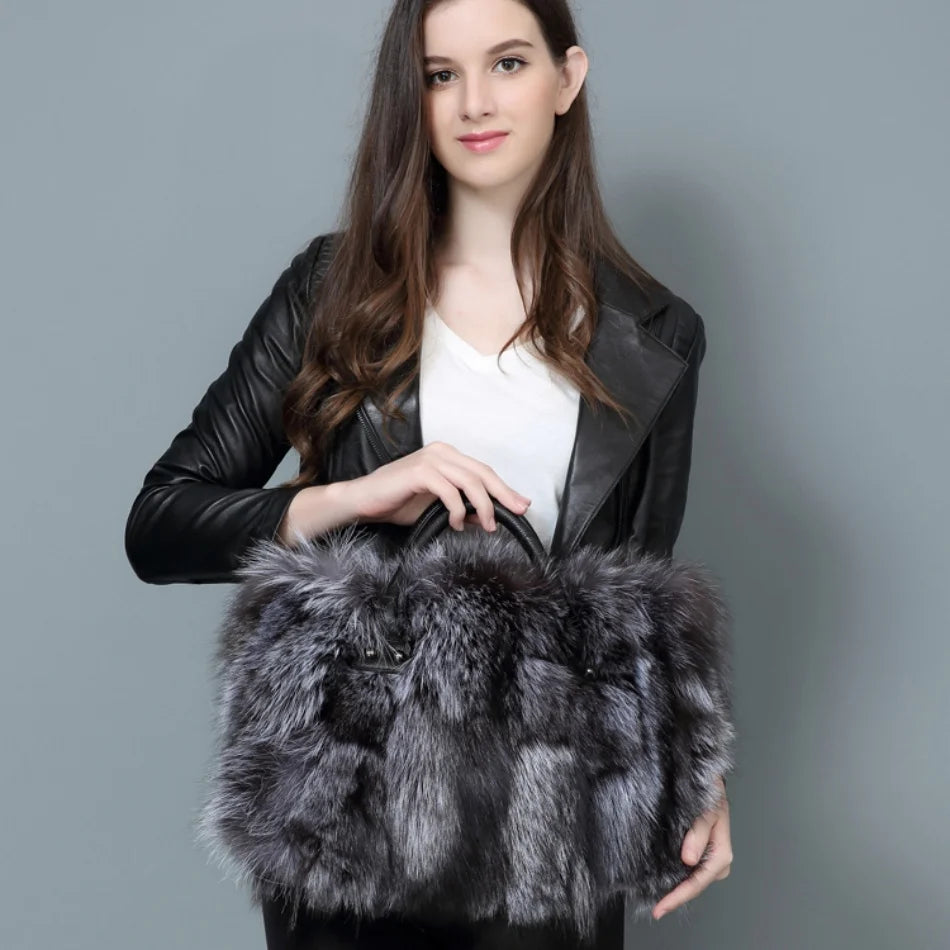 Real Fox Fur Large Size Plush Crossbody Luxury Handbags Fluffy Tote Bag
