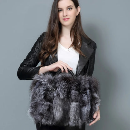 Real Fox Fur Large Size Plush Crossbody Luxury Handbags Fluffy Tote Bag