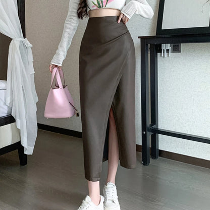 Autumn Winter Front Split PU Leather Long Skirts