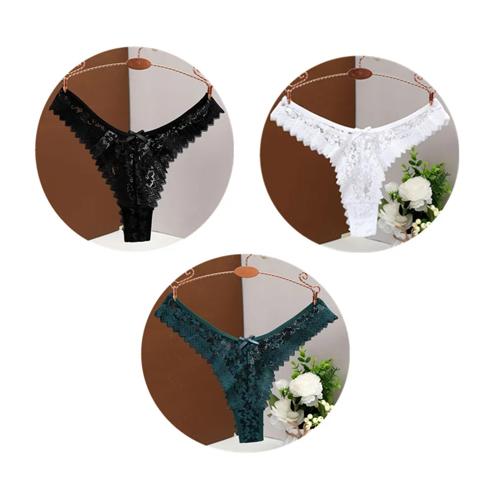 3PC Sexy T Back Thong Mid Waist Lace Transparent Underwear