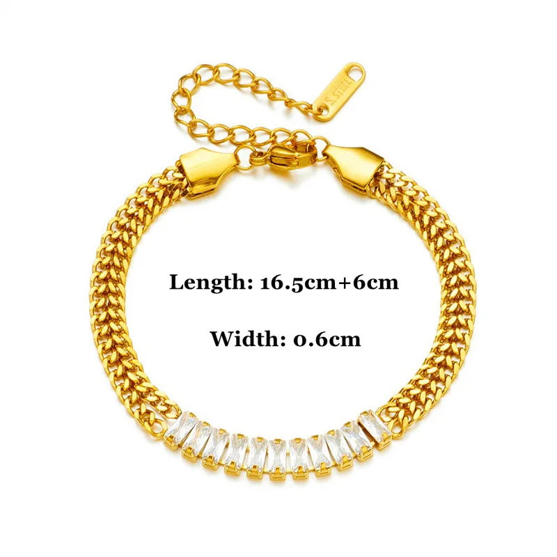 Stainless Steel 2 Rows Embedded Zircon Crystal Thick Chain Bracelets