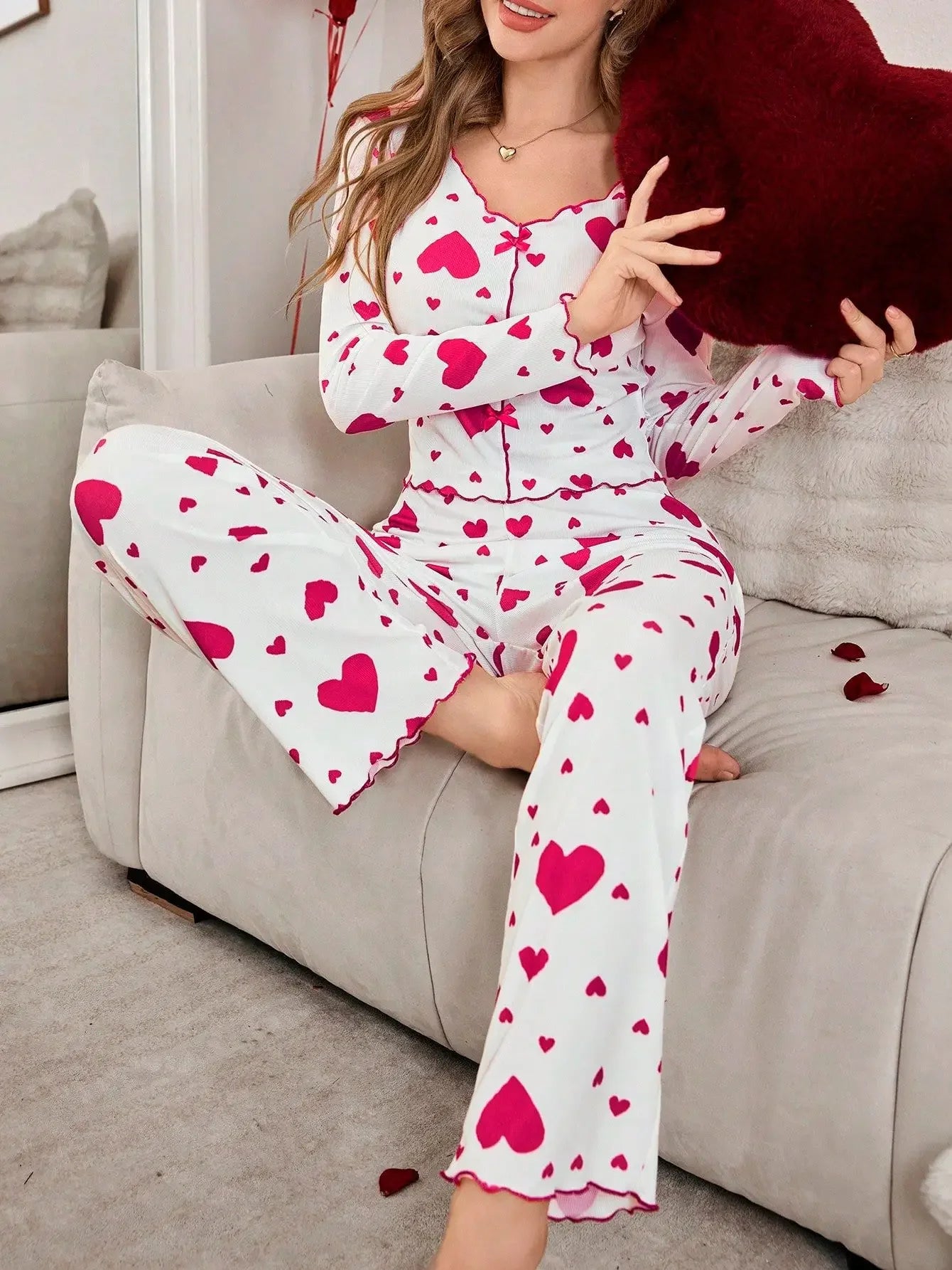 Heart Print Long Sleeve Pyjamas Set
