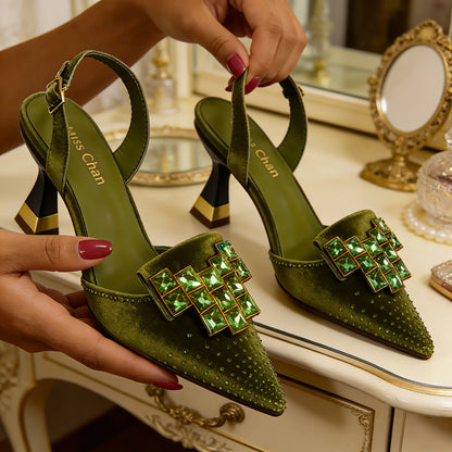 Venus Chan Elegant Green Slingback Heels with Rhinestones Shoes
