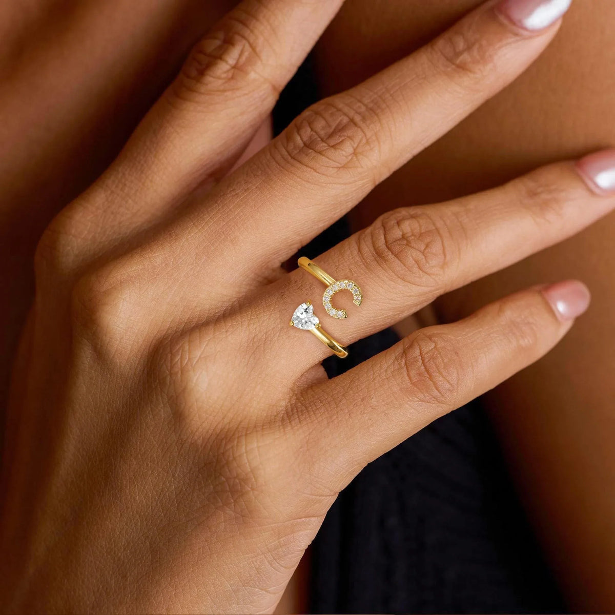 Gold Letter Open Heart Shape Cubic Zirconia  A-Z 26 Letter  Lnitials Rings