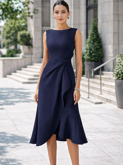 Elegant O-Neck Solid Sleeveless Commute Mid-Calf Slim Ruffle Dress