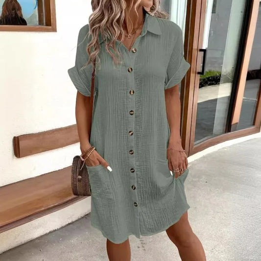 V-neck Button Cotton Linen Short Sleeved Dress