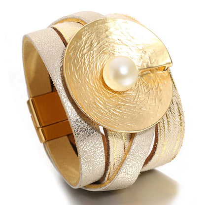 Wrinkled Textured Disc Leather Bohemian Pearl Wrap Chunky Bracelets