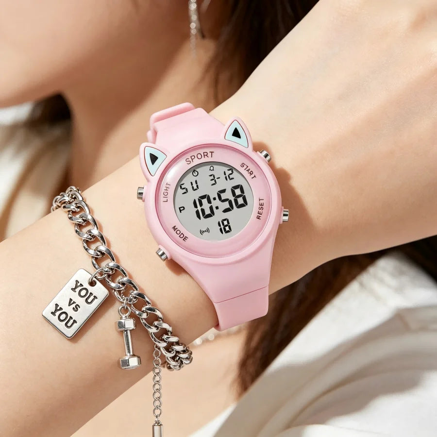 Cat-Ear Kids Watch with Bracelet Waterproof Digital Watch LED Wristwatch
