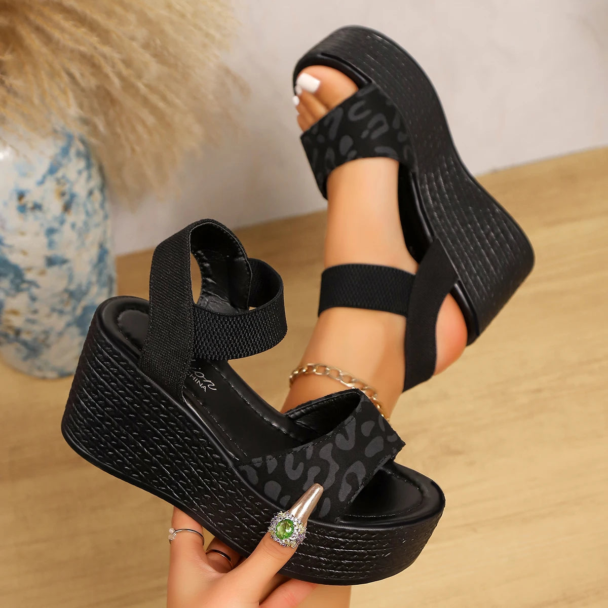 High Heel Peep Toe Leopard Platform Sandals